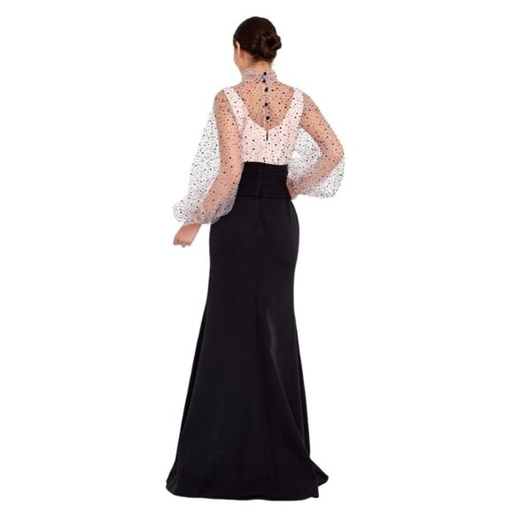 NWT RENGIN Long Sleeve Maxi Crepe Mermaid Regular Black-Pink Evening Dress Size - Picture 2 of 10